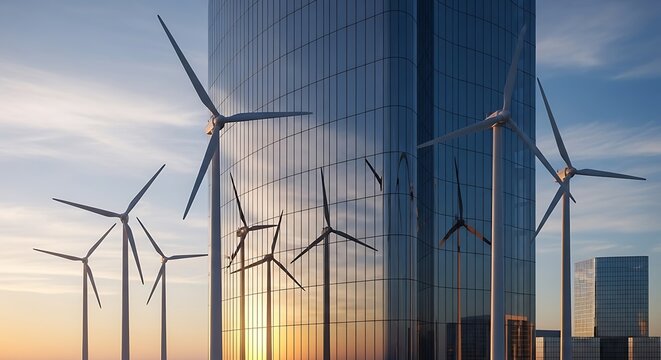 Modern building with wind turbines showcasing sustainable energy and green technology integration