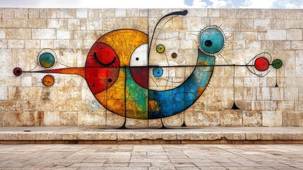 Colorful Abstract Bird Mural on Stone Wall