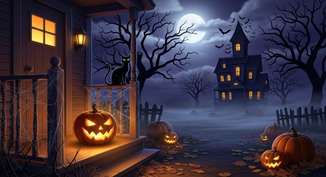 Spooky halloween night scene with haunted house pumpkins and black cat on porch