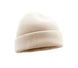 A cream-colored, ribbed knit beanie.  The beanie is presented in a flat, product shot, isolated against a plain white background.  The knit texture is visible, with a distinct rib pattern