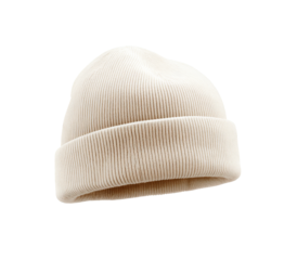 A cream-colored, ribbed knit beanie.  The beanie is presented in a flat, product shot, isolated against a plain white background.  The knit texture is visible, with a distinct rib pattern