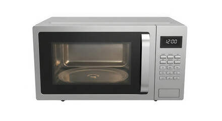 Modern kitchen appliance silver microwave oven with digital display ready for home cooking and food warming needs transparent background