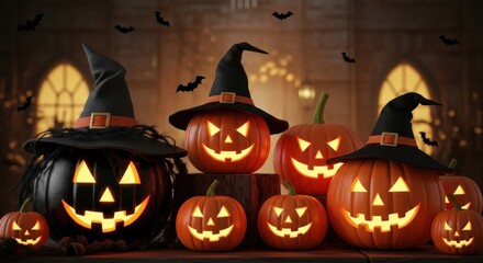 Spooky jack o lanterns wearing witch hats for a halloween celebration