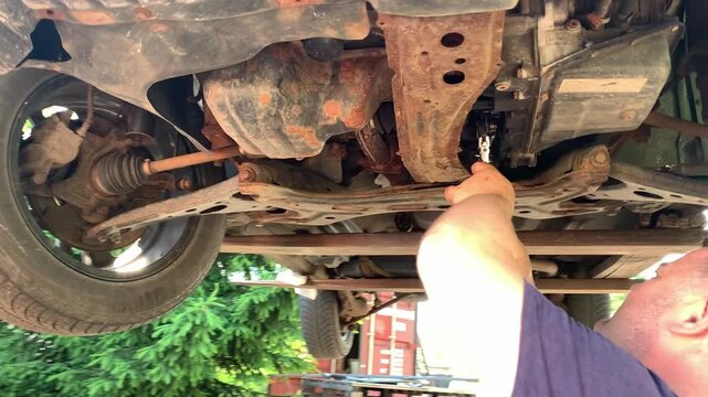 A car mechanic repairs a car using a wrench.