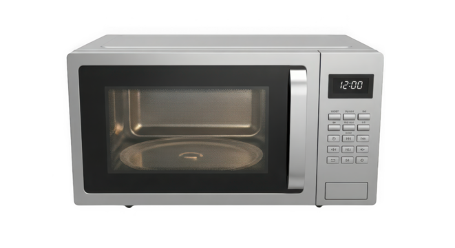 Modern kitchen appliance silver microwave oven with digital display ready for home cooking and food warming needs transparent background