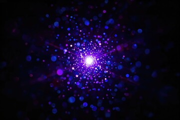 Blurred neon glow with lens flare effect. Bokeh highlights and fluorescent gleams. Out-of-focus blue and purple light spots on a dark abstract backdrop.