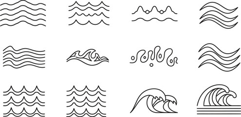 Collection of stylized line art wave icons representing water movement and ocean energy