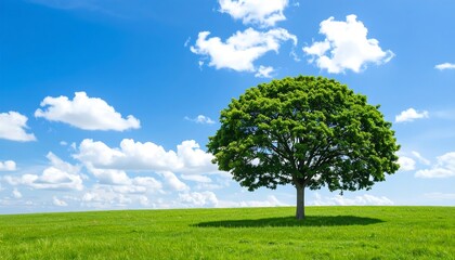 Fototapeta premium A solitary tree stands tall amidst a vibrant green field under a cerulean sky dotted with fluffy white clouds, showcasing a serene and peaceful natural landscape.
