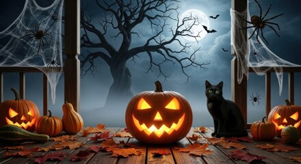 Spooky halloween night scene with pumpkins black cat and full moon glow