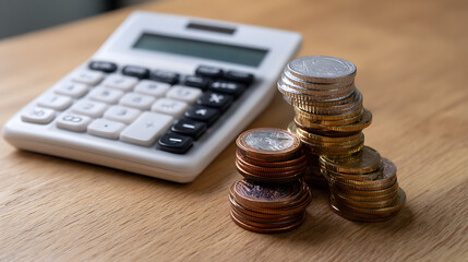 Calculator and Stacks of Coins on Wooden Desk