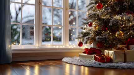 Christmas Tree with Presents by Window in Warm Evening Light