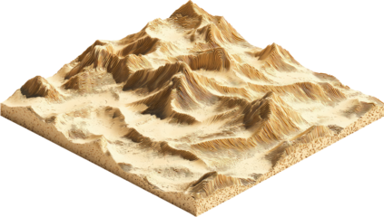 Isometric view of a sandy desert landscape, showing textured hills and valleys