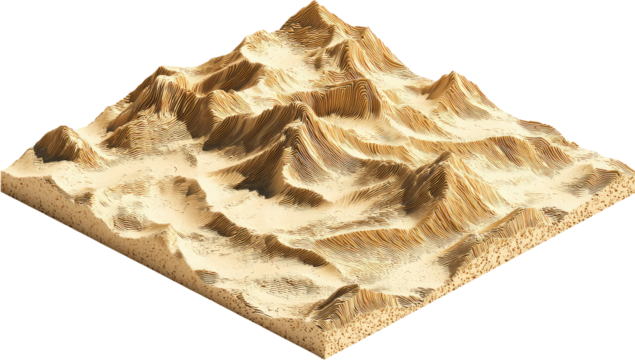 Isometric view of a sandy desert landscape, showing textured hills and valleys