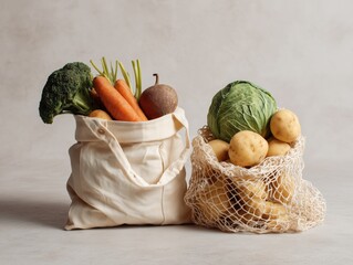 Fresh vegetables in eco-friendly bags ready for healthy meal preparation in a kitchen setting