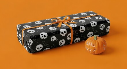 Halloween gift wrapped with jack-o’-lantern design on a vibrant orange backdrop, representing festive seasonal style