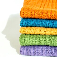 A stack of colorful knitted garments arranged neatly against a white background.