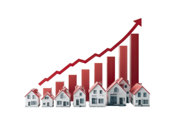 Red bar graph, rising trend,  with miniature houses