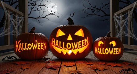 Three halloween pumpkins glowing on a porch under a full moon at nighttime