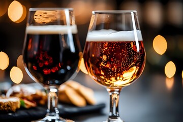Two glasses of craft beer with golden bokeh lights in background, close up view showing rich amber color and bubbles, served with appetizers.