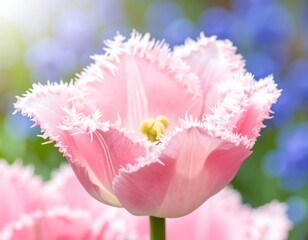A delicate pink fringed tulip blossoms in soft focus, showcasing its fringed petals and vibrant color against a blurred background of greens and blues.