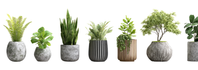 Assorted potted plants in various styles, displayed in textured grey and neutral-toned pots