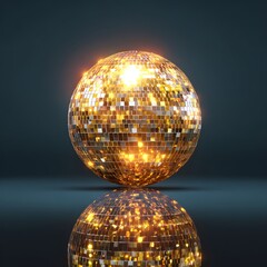 Obraz premium A golden disco ball sparkles and reflects light, isolated on white background, creating a festive and glamorous atmosphere 