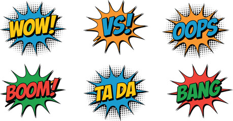 Comic book explosion text design, colorful pop art words, retro style speech bubbles, cartoon sound effects, vibrant comic elements
