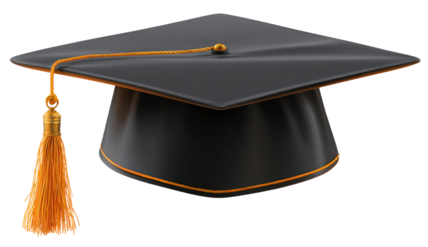 Black graduation cap with orange tassel