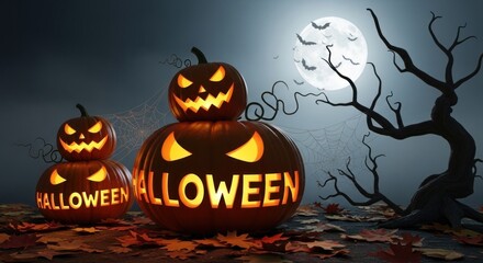 Spooky halloween pumpkins glowing under the moonlight with bats flying above