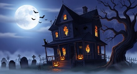 Spooky haunted house with pumpkins and graveyard under a full moon night