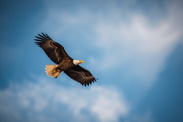 Obraz premium Soaring Bald Eagle against a clear blue sky