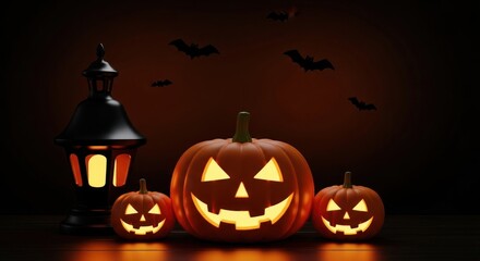 Spooky halloween pumpkins glowing with a lantern and bats against a dark background