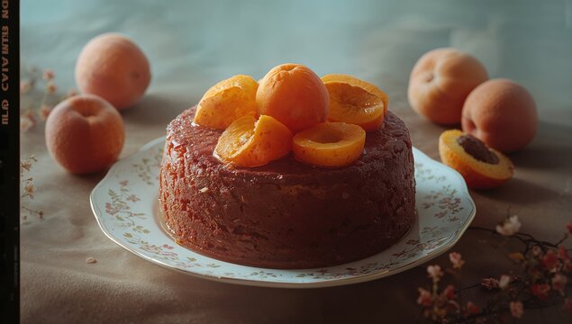 Plate holding a dessert topped with apricots
