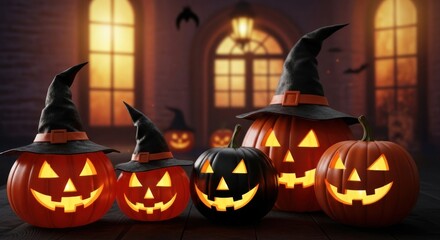 Jack o lanterns glowing with witch hats for a spooky halloween celebration