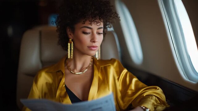 A poised Black woman with natural curls and gold jewelry reviews business reports in a luxurious private jet, exuding professionalism under ambient cabin lighting.