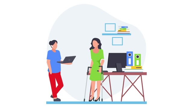 woman using crutches Walking towards another woman wearing headset busy with laptop animation, Accessible Workplaces animated video, employment rehabilitation clip, people with disabilities footage, 