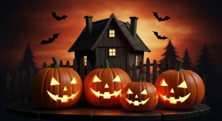 Jack o lanterns glowing in front of a spooky house on halloween night