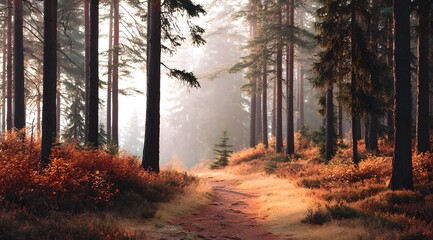 beautiful forest landscape with sunlight and trees in autumn