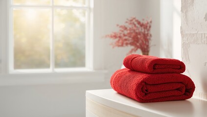 Out-of-focus backdrop featuring a morning window and red towel ornaments