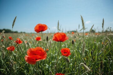 Obraz premium Bright red poppies flourishing in a warm summer field