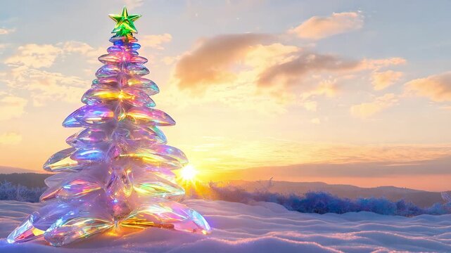A colorful Christmas tree made of ice stands tall in the snow as the sun sets, creating a magical holiday atmosphere during the winter season
