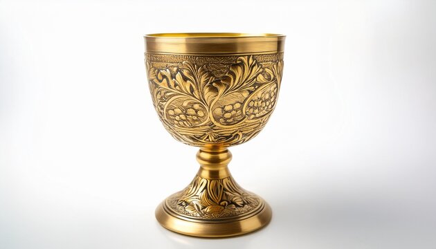 vintage gold chalice featuring delicate floral engraving reflecting ornate metalworking artistry against white background
