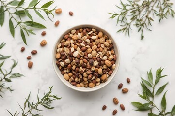 Bowl filled with bird feed on a white backdrop, showcasing natural and organic ingredients