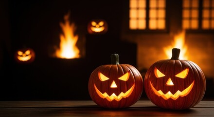 Spooky jack o'lanterns glowing in the dark on a wooden table for halloween night