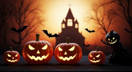 Spooky halloween pumpkins glowing with bats flying near haunted church