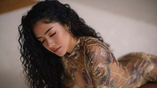 Tattooed woman in sheer bodysuit showcases intricate dragon and phoenix design on off-white backdrop.