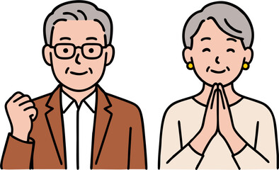 Simple vector illustration of a wealthy senior couple smiling with joy. Flat style happy rich elderly man and woman characters, perfect for lifestyle, family, finance, and senior life concepts.