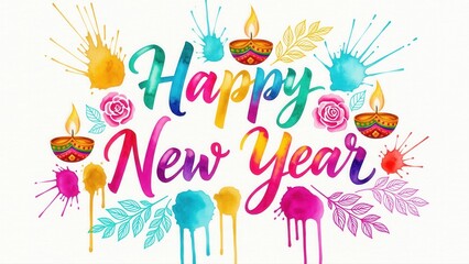Naklejka premium Happy New Year Watercolor Script. Diwali Diyas and Festive Splash.