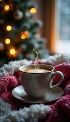 Cozy winter scene featuring a steaming mug of tea, surrounded by warm blankets and soft lighting, perfect for a relaxing evening , sweater, snow, herbal tea