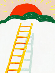 Golden ladder climbing to the sunrise. Hand drawn doodle illustration. 
